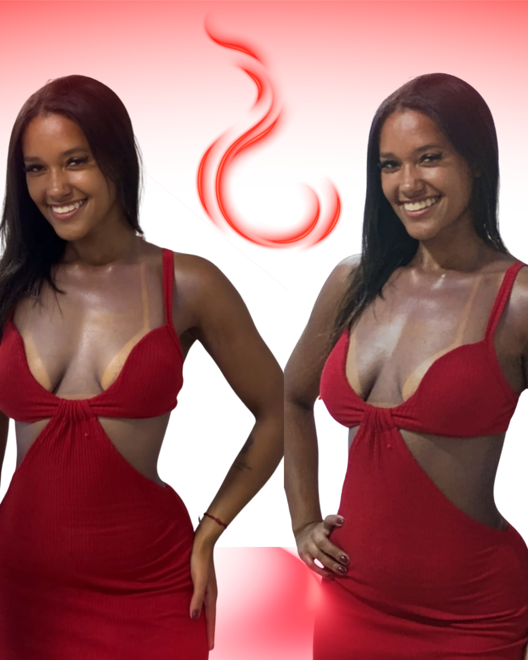 Cliente bronzeada sorrindo em vestido vermelho, mostrando o resultado do bronzeamento